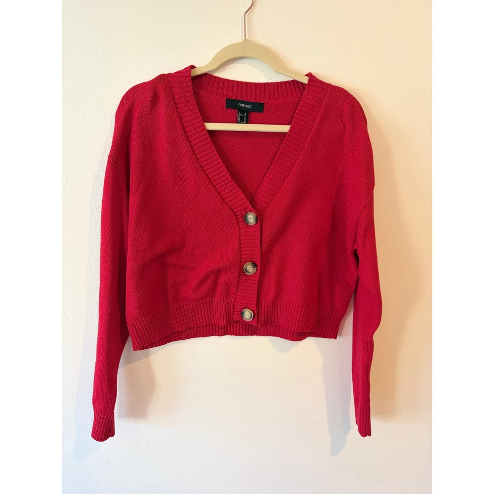 Forever 21 Red Cropped Cardigan V-Neck Button Front Knit Sweater Womens Medium